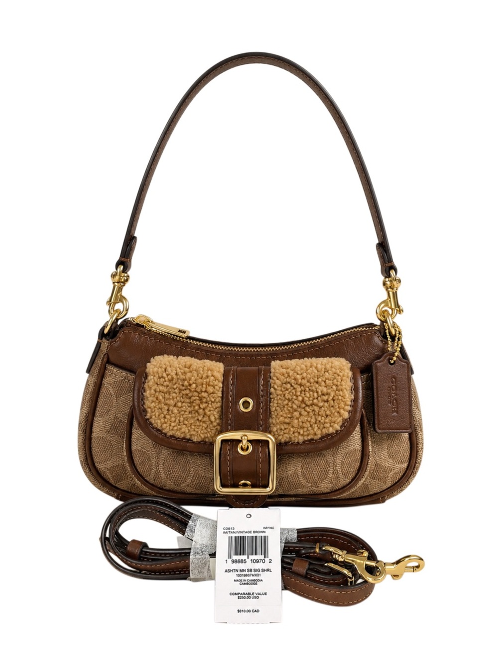 Coach Mini Ashton Signature Shearling Shoulder or Crossbody Bag Brown CDB13 New